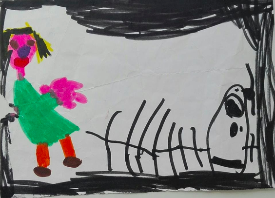 Illustrazione ingenua, disegno per bambini, colorato prato di